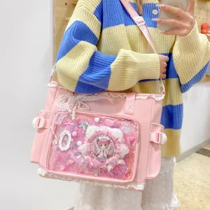 Casual Nylon Ita Bag Transparent Window Crossbody Shoulder Bag Sweet Bow Ribbon Cute School Commuter Bag For Women