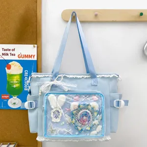 Blue ita bag large capacity canvas shoulder bag with clear window and lace for anime fans