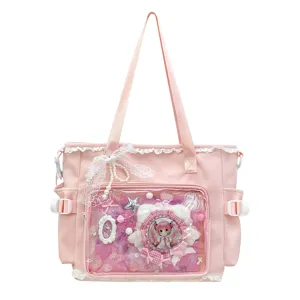 Pink canvas ita bag with clear window and sweet lace ribbon, large capacity shoulder bag for use.