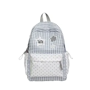Cute grey plaid school backpack for women, large capacity stylish student bookbag daily use