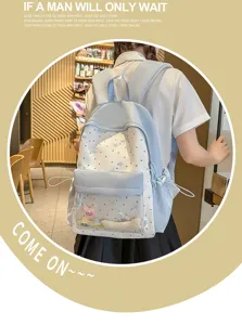 Japanese sweet star print school backpack with clear front pocket for teenage girls stylish daily use