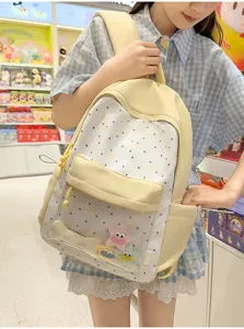 Japanese sweet cute star pattern canvas backpack with clear front pocket for school daily use