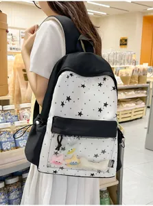 Japanese style cute star pattern backpack with clear front pocket for daily casual use.