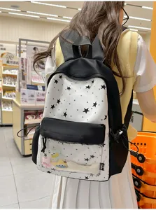 Japanese style cute star pattern canvas backpack with clear front pocket for daily use.