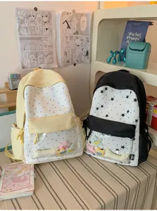 Japanese sweet cute star print backpack detail, transparent front pocket design, student school bag.