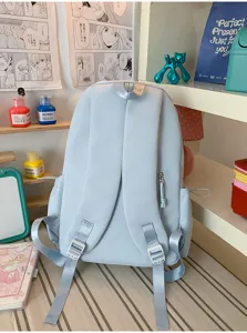 Detailed shot showing the back straps and clean stitching of the light blue student backpack.