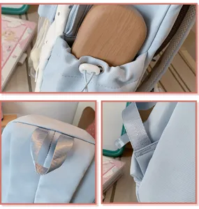 Light blue backpack detail shot featuring side drawstring pocket, top handle, and sturdy straps.