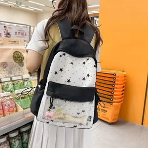 Japanese style star print student backpack, cute lightweight casual school bag with transparent pocket.