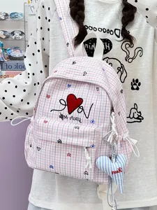 Japanese style pink plaid backpack with heart embroidery for women school bag daily use