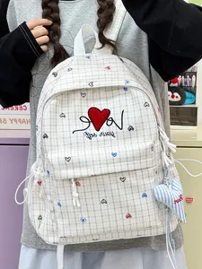 Casual grid backpack for women and students, cute heart embroidery daily school bag.