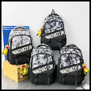 Trendy camouflage color block school backpack for teenagers, cool workwear style bookbag.