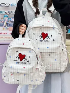 Japanese ins style plaid backpack set for women, cute heart embroidery school bag.