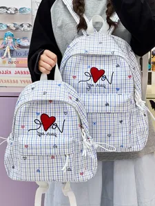 Japanese ins style blue and white plaid casual backpack with cute red heart embroidery for school.