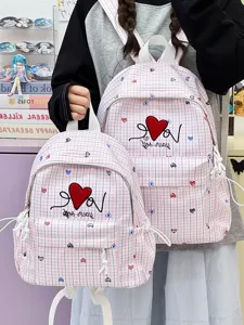 Pink plaid school backpack with red heart embroidery, cute ins style dual shoulder bag for girls.