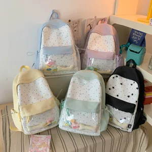 Japanese style sweet star pattern school backpack with transparent front pocket for students.