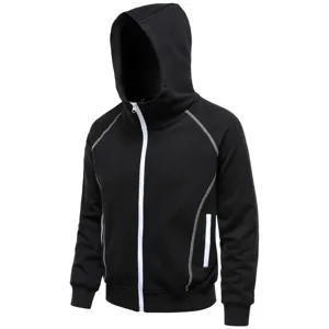 Men women black hooded zip sweatshirt with contrast white stitching casual sportswear jacket