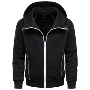 Black zip-up hoodie featuring white contrasting zipper and seam details, fine stitching.