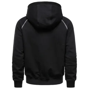 Back detail view of black hooded sweatshirt featuring contrast stitching and casual style.