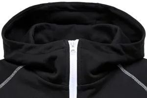 Close-up detail of black hooded sweatshirt with white zipper and contrast stitching.
