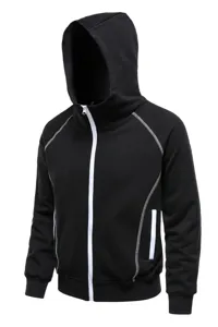 Casual black zip-up hooded sweatshirt with stylish contrast white stitching for daily wear.