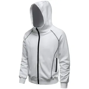 Detailed view of the white zip-up hooded sweatshirt with contrast stitching and black zipper for men.