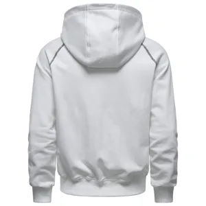 White hooded sweatshirt detail, rear view showing contrast stitching and ribbed hem.