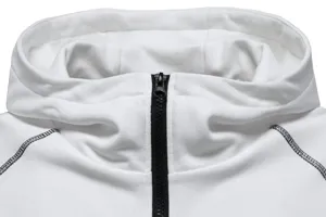 Close-up detail of white hooded sweatshirt collar with contrast black zipper and stitching.