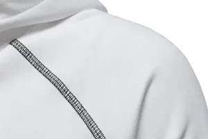 Detail view of white casual hooded sweatshirt featuring contrast black stitching on shoulder.