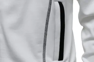Detailed view of white lightweight hooded sweatshirt with contrast black stitching and trim.