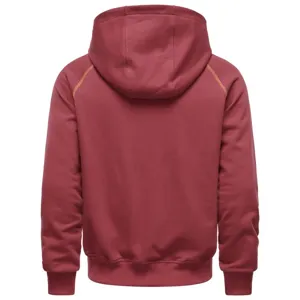Back view detail of lightweight hooded sweatshirt with contrast stitching for outdoor sports.