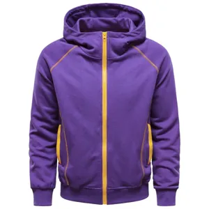 Detail view of the purple zip-up hoodie featuring contrast yellow zipper and matching pocket trims.