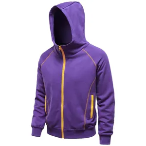 Purple hooded zip jacket detail, yellow contrast zipper and stitching, casual sportswear style.