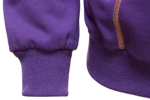 Purple hoodie sweatshirt cuff detail, featuring soft ribbed cuffs and contrast stitching.