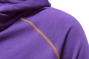 Purple hoodie detail shot showing contrast stitching, lightweight fabric for outdoor sports.