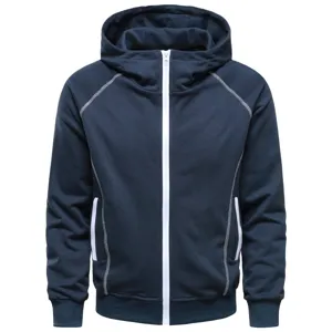 Dark blue hooded zip-up sweatshirt, detailed with white contrast stitching and zipper.