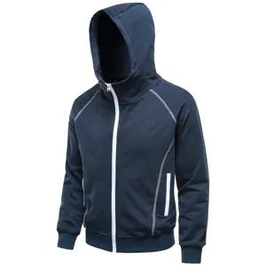 Detail of contrast stitching and zipper on the casual navy blue hooded sweatshirt jacket.