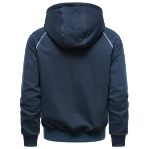 Back detail view of a dark blue hooded sweatshirt featuring contrast stitching and ribbed hems.