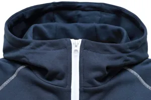 Close up detail of navy blue hoodie collar with white zipper and contrast stitching.