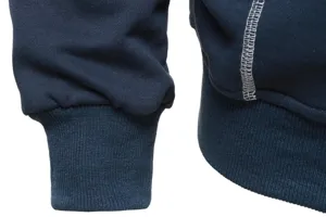 Detailed view of navy blue hoodie cuff with contrast stitching for casual sportswear style.