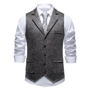 Men's vintage printed suede suit vest casual slim fit lapel waistcoat with white shirt.