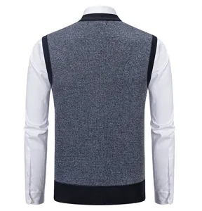 Men's knit sweater vest back view, casual slim sleeveless pullover with white shirt detail.
