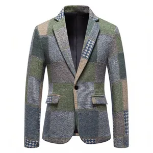Giacca blazer vintage patchwork in tweed di lana da uomo dettaglio moda casual