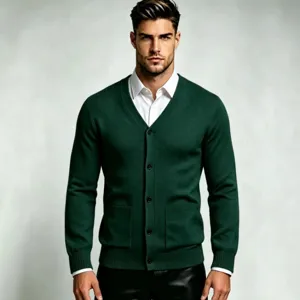 Men's dark green V-neck cardigan sweater solid color knitwear casual jacket main view