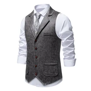 Men's vintage grey printed waistcoat detail, elegant lapel design and textured fabric close-up.