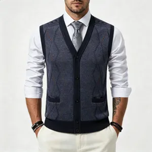 Men's V-neck argyle knit sweater vest, classic business casual sleeveless cardigan waistcoat.