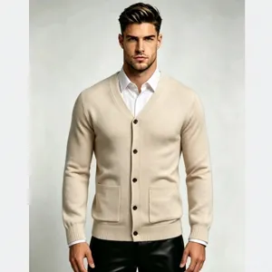 Men's solid V-neck button-down cardigan sweater casual knitwear outer piece for autumn winter