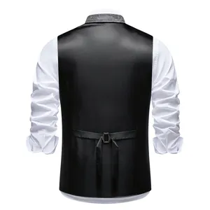 Men's retro suit vest back detail view, sleek black waistcoat with patterned collar.