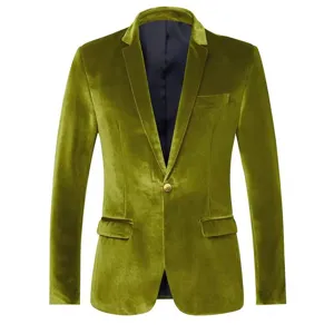 Close up of men green velvet blazer detail, single button design, smooth black inner lining.
