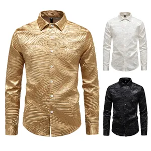 Men Modern Casual Pleated Shirt Fashion Urban Long Sleeve Lapel Top With Leaf Texture Pattern Solid Color Button Down Shirt