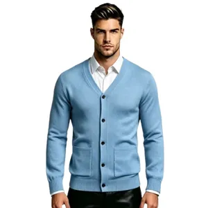 Men's casual V-neck knit cardigan sweater in light blue, featuring front pockets and buttons.
